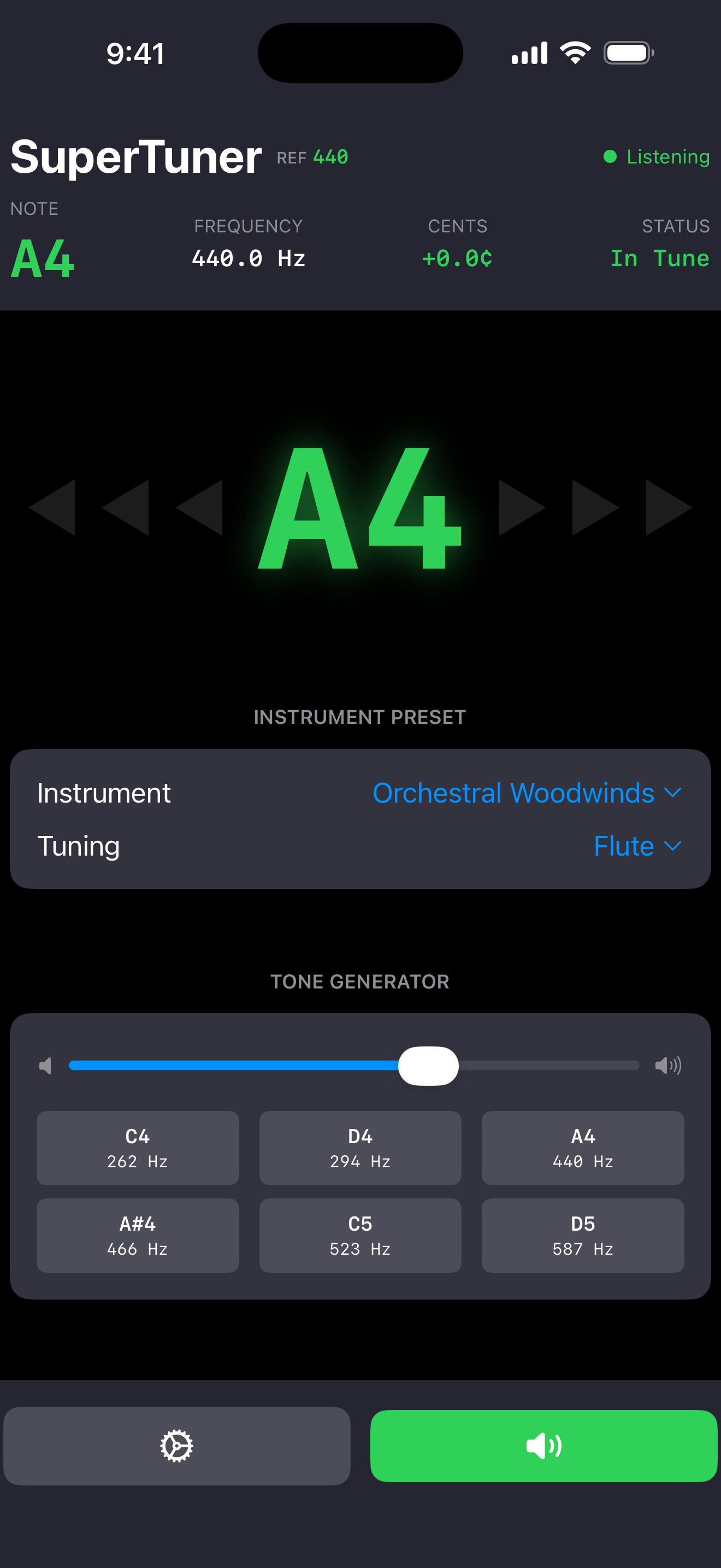 Large note display — Flute, A4 at 440.0 Hz