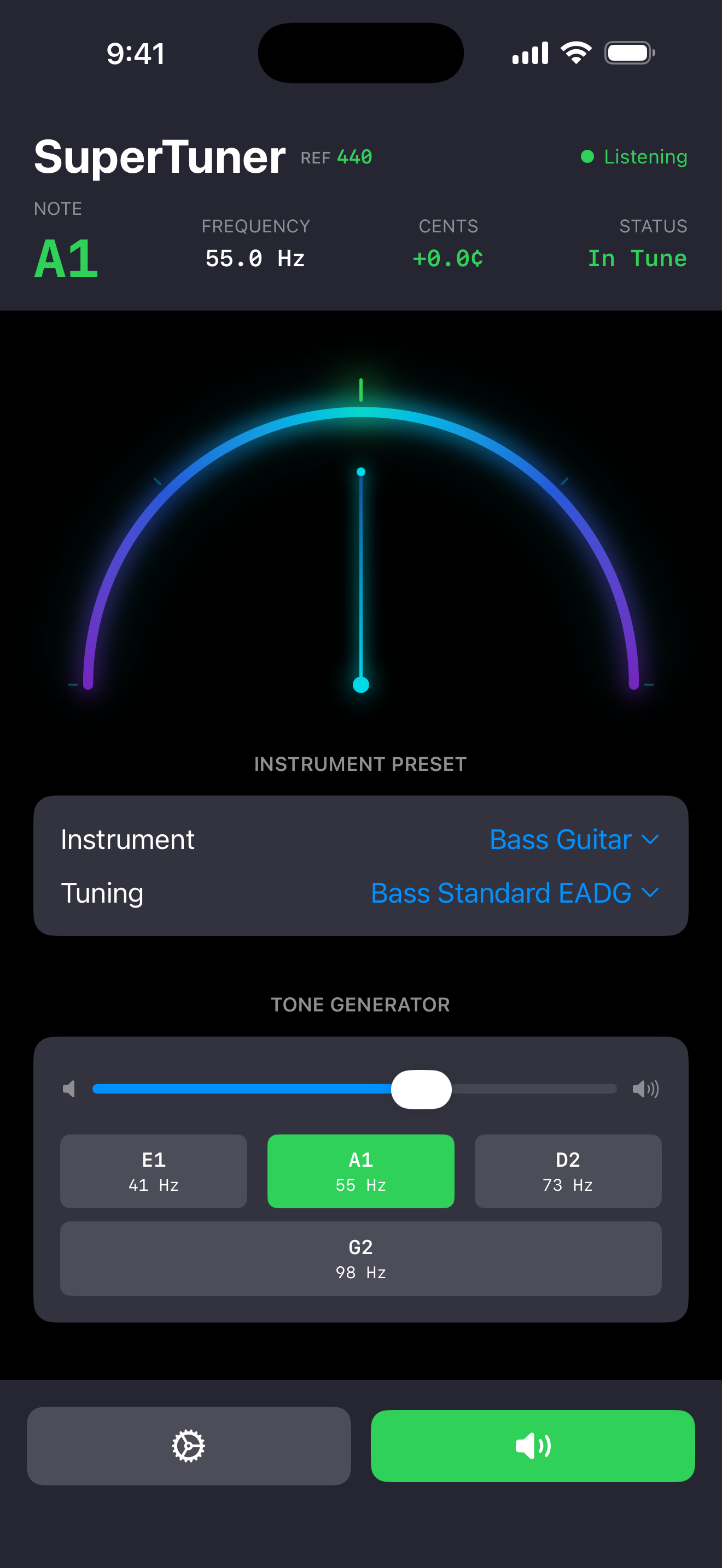 Needle gauge meter — Bass Guitar, A1 at 55.0 Hz