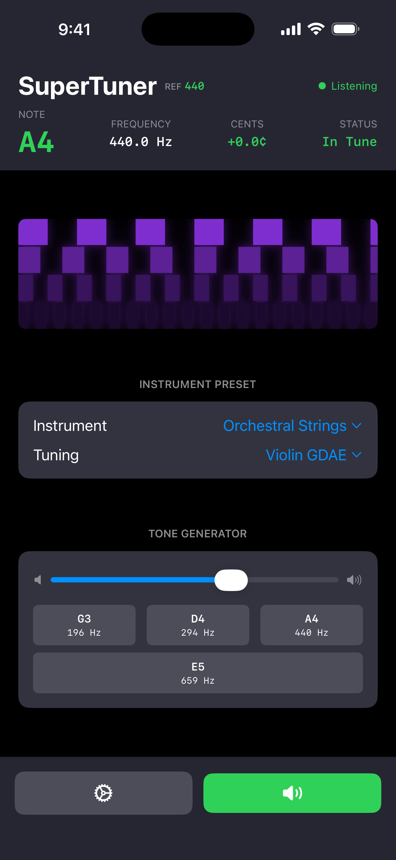 Stroboscopic meter — Violin, A4 at 440.0 Hz